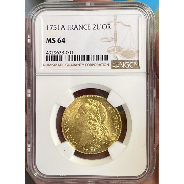 【MS64】1751年フランスルイ15世2ルイドー...